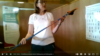 Screenshot of zoom call with Julia, she is showing a Nordic Walking pole