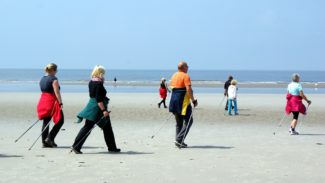Beach with blue skies as a group of people with Nordic Walking poles walk across in the foreground