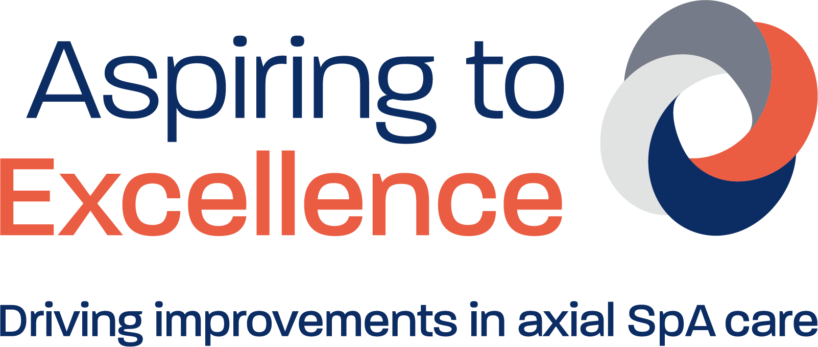 The words Aspiring to Excellence, driving improvement in axial SpA care plus circular logo